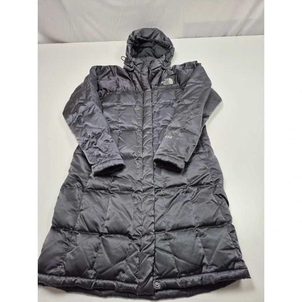 The North Face Coat Womens M Gray 600 Down Long Quilted Puffer Hooded Parka FLAW